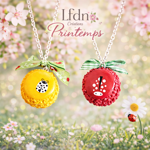 Collier macaron en fimo, bijoux gourmands, collier coccinelle