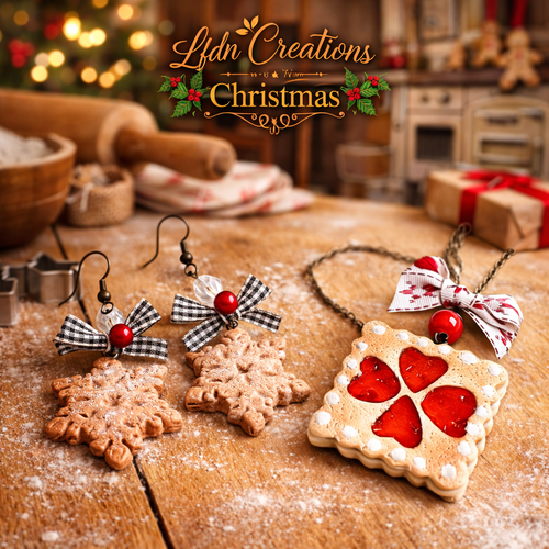 Collier biscuit coeur alsacien, boucles d'oreille biscuits étoiles en fimo, bijoux gourmands noël