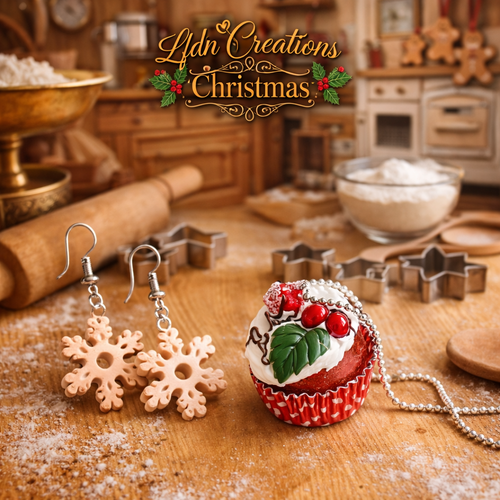 Collier cupcake, boucles d'oreille étoiles en fimo, bijoux gourmands, bijoux noël en fimo