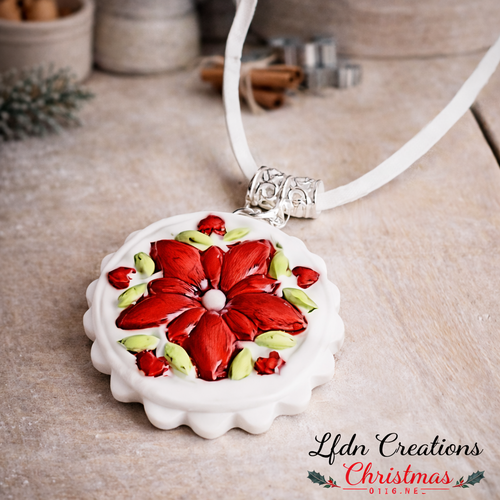 Collier fleur poinsettia en fimo, bijoux noël, pendentif fleur