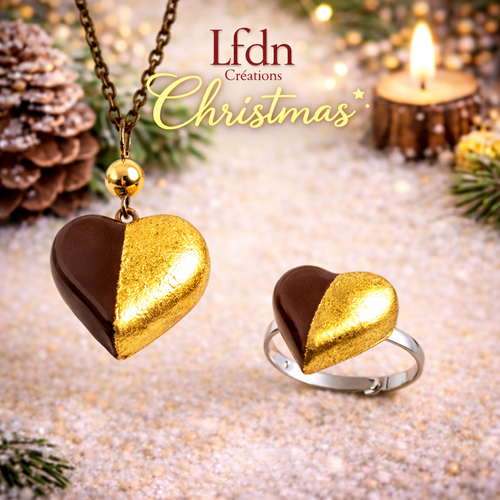 Bijoux fimo noël, bague coeur, collier coeur fimo, boucles d'oreille étoiles, bijoux gourmands