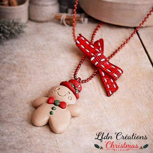 Collier bonhomme pain d'épice en fimo, bijoux gourmands, bijoux gingerbread