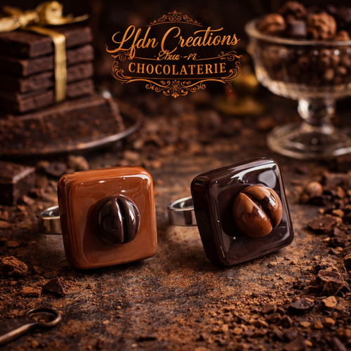 Bagues carrés de chocolat en fimo, bijoux gourmands, grain de café en fimo