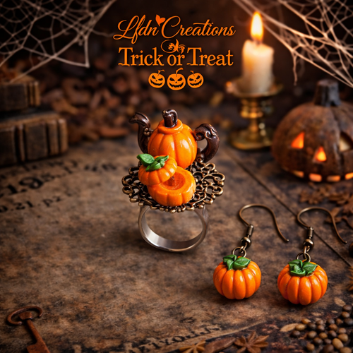 Bijoux halloween, bague citrouille en fimo ,boucles d'oreille citrouille