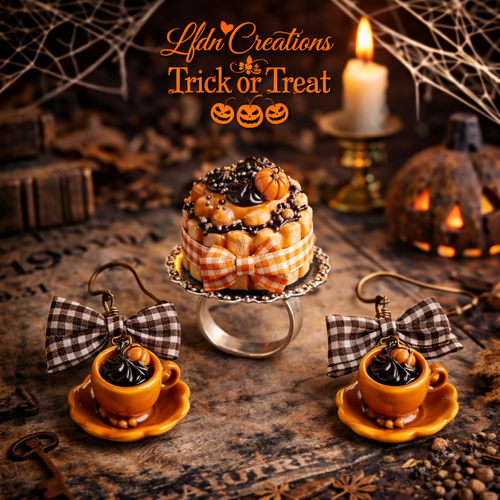 Bague gâteau en fimo, bague citrouille, boucles d'oreille tasse, bijoux halloween