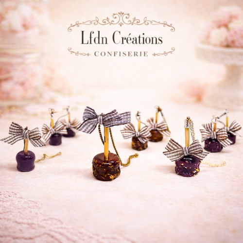 Collier pomme d'amour chocolat, boucles d'oreille pomme, bijoux fruits, pendentif bonbon, bijoux gourmands