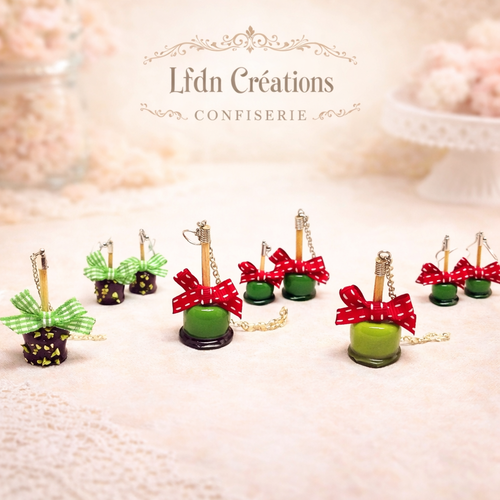 Collier pomme d'amour en fimo, boucle d'oreille pomme d'amour, bijoux bonbon, bijoux gourmands