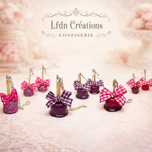 Collier pomme d'amour en fimo, boucle d'oreille bonbon, boucles d'oreille pomme, bijoux gourmands