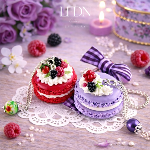 Colliers macaron fruit en fimo, bijoux gourmands, pendentif macaron