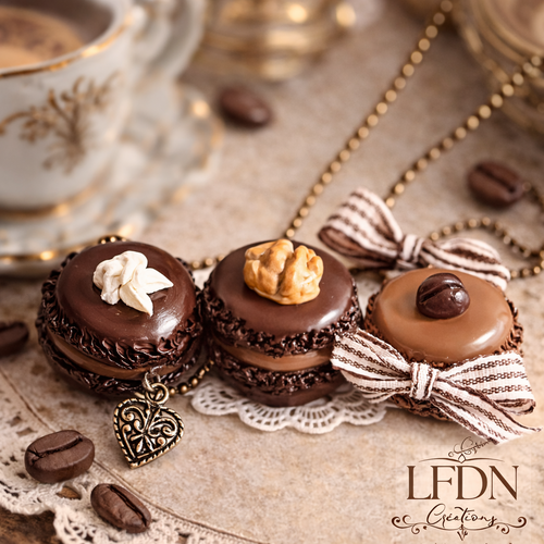 Collier macaron chocolat en fimo, bijoux gourmands