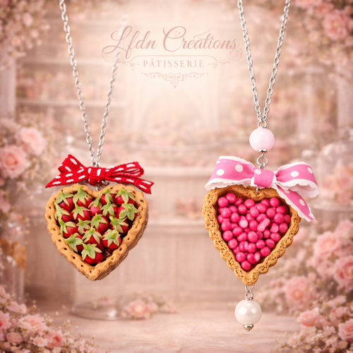Collier tarte framboise en fimo, bijoux coeur, pendentif coeur, bijoux gourmands
