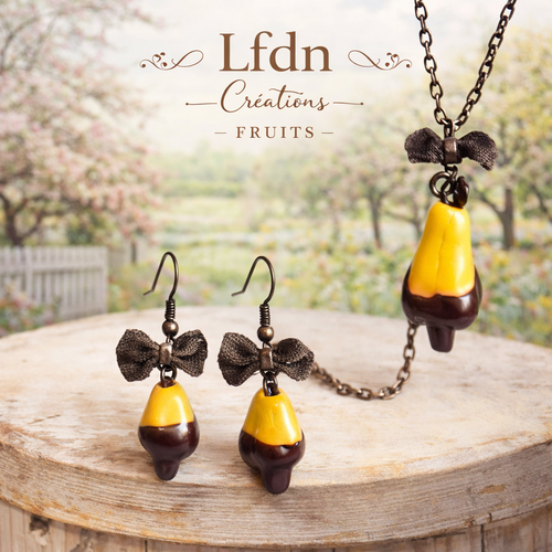 Collier poire en fimo, boucles d'oreille poires, bijoux fruits, bijoux gourmands
