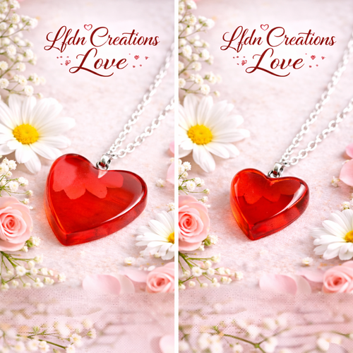 Collier coeur en résine rouge, bijoux coeur, pendentif en résine