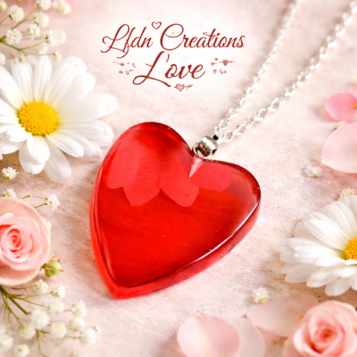 Collier coeur en résine rouge, bijoux coeur, pendentif en résine