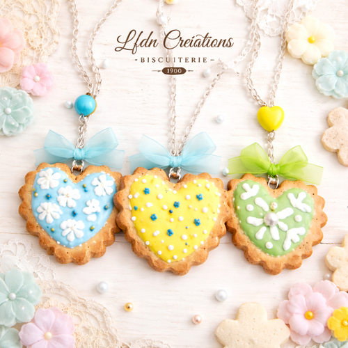 Collier biscuit en fimo, coeur en fimo, bijoux biscuit, pendentif coeur, bijoux gourmands