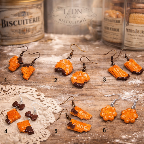 Boucle d'oreille biscuit chocolat en fimo, biscuit lu fimo, bijoux fantaisie, bijoux gourmands