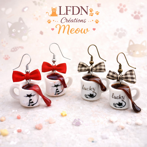 Boucles d'oreille tasses fimo, boucles d'oreille chat, bijoux chat, bijoux gourmands