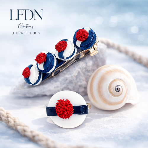 Bague béret marin, barrette chapeau en fimo, bijoux thème marin en fimo