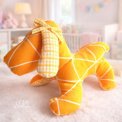 Chien en tissu jaune, décoration animaux tissu, décoration chambre enfant, doudou chien