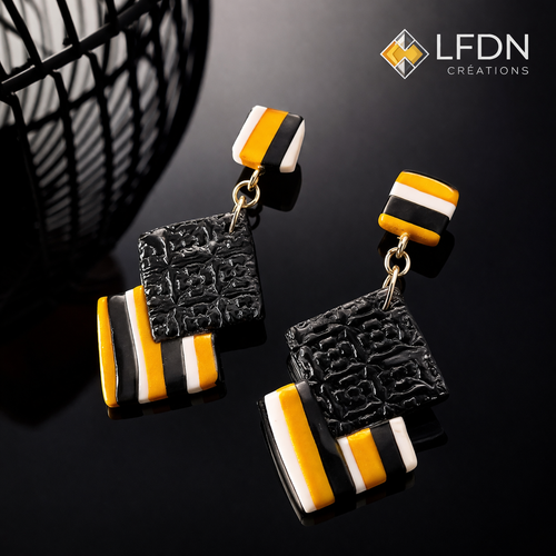 Boucles d’oreille double carré “comme ci comme ça” – design contemporain or/blanc/noir