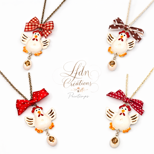 Collier poule en fimo, bijoux poule, bijoux fantaisie