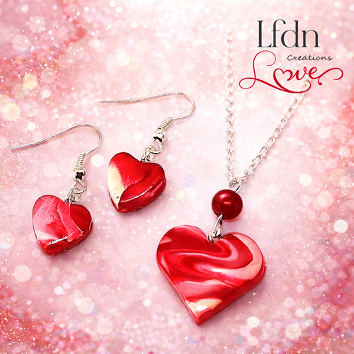 Collier pendentif coeur fimo, boucles d'oreille coeur, bijoux fantaisie