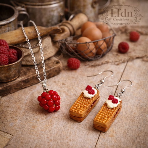 Boucles d'oreille gaufrette en fimo ,collier framboise, boucles d'oreille biscuit, bijoux gourmands