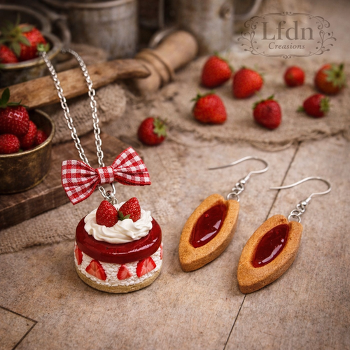 Collier gâteau fraise, pendentif pâtisserie, boucles d'oreille barquette en fimo, bijoux gourmands