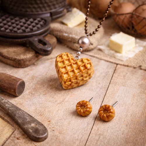 Collier gaufre fimo, boucles d'oreille viennoiserie, bijoux gourmands