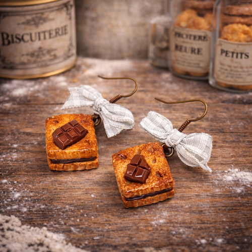Boucles d'oreille biscuit chocolat en fimo, biscuit en fimo, bijoux gourmands, bijoux fantaisie