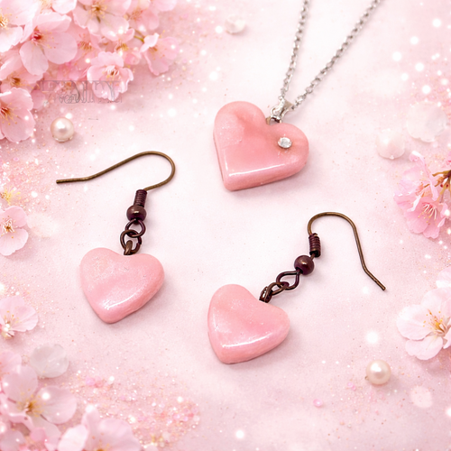 Collier coeur rose en fimo, boucles d'oreille coeur, bijoux gourmands, bijoux fantaisie