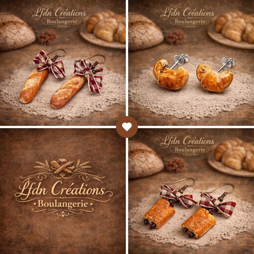 Boucles d'oreille pain chocolat fimo, boucles d'oreille viennoiserie, bijoux gourmands, bijoux chocolatine