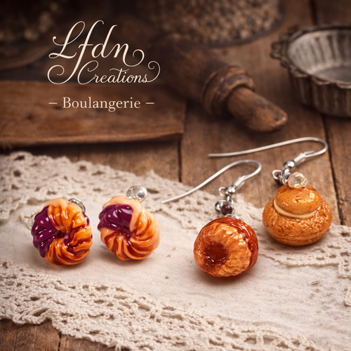 Boucles d'oreille brioche en fimo, boucles d'oreille viennoiserie, bijoux gourmands, bijoux fantaisie