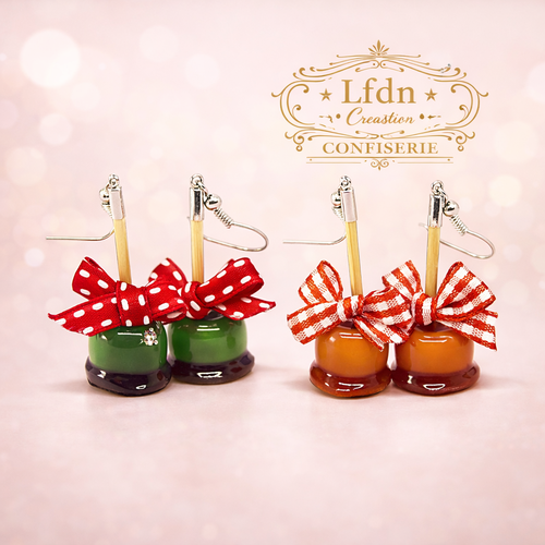 Boucles d'oreille pomme d'amour en fimo, bijoux gourmands, pomme en fimo, bijoux fantaisie