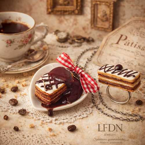 Bague mille feuille, pendentif mille feuille, collier assiette fimo, bijoux gourmands, collier gâteau