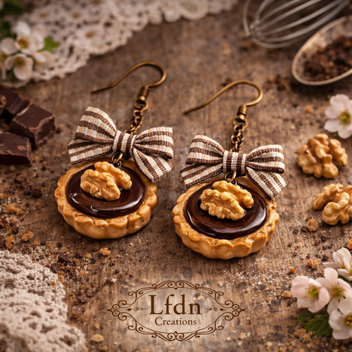 Boucles d'oreille cerneau de noix en fimo, boucles d'oreille tarte chocolat, bijoux gourmands, bijoux fantaisie