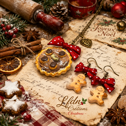 Collier tarte chocolat noël en fimo, boucles d'oreille biscuit noël, bijoux gingerbread fimo, bijoux gourmands