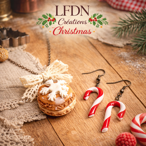 Collier macaron noël en fimo, flocon de neige fimo, boucles d'oreille sucre d'orge, bijoux gourmands, bijoux fantaisie