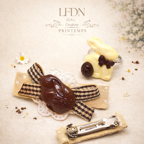 Barrette lapin, bague fimo lapin, bague pâques, bijoux gourmands