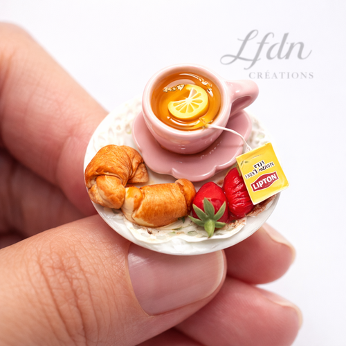 Bague tasse thé, bague petit déjeuner en fimo, bijoux croissant, bijoux gourmands