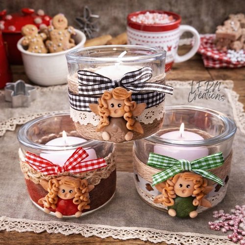 Bougies anges de noël, bougies anges, photophores noël, noël en fimo, cadeau noël fait main