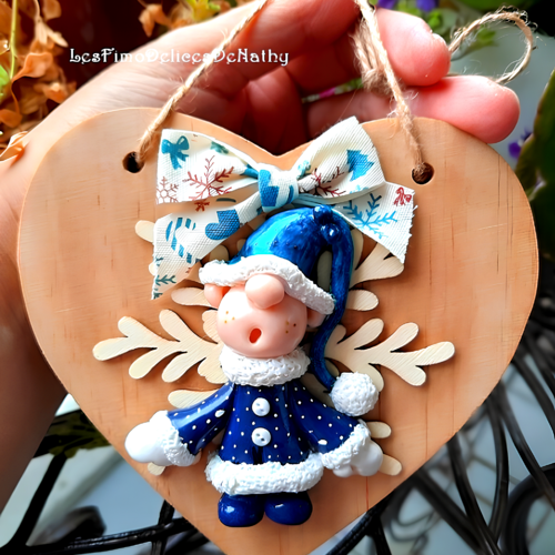 Décoration plaque de porte coeur noël, coeur en bois à suspendre gnome de noël, décoration de sapin fimo