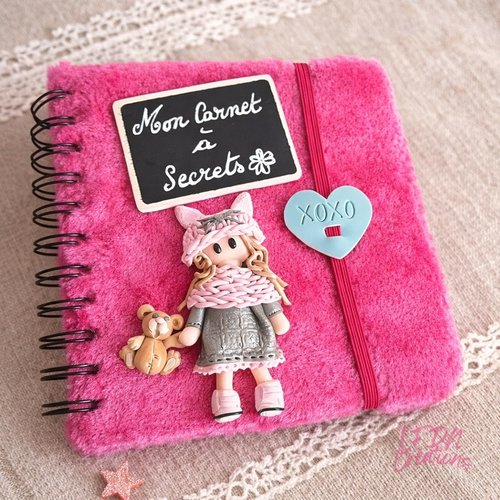 Carnet à secrets décor fimo, poupée polymère, journal intime fille, ours en fimo, idée cadeau noël fait main