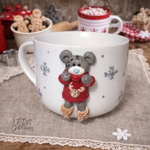 Tasse décor ourson noël en fimo, vaisselle décorée ours, bol animaux en fimo