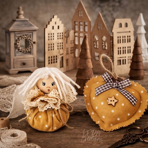 Décoration de noël, décoration de sapin, ange en tissu, coeur en tissu, cadeau de noël fait main