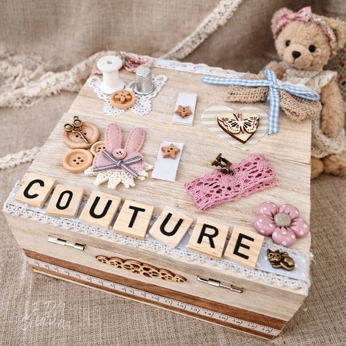 Boîte à couture fimo, boîte à ouvrage en bois, idée cadeau fait main, couture