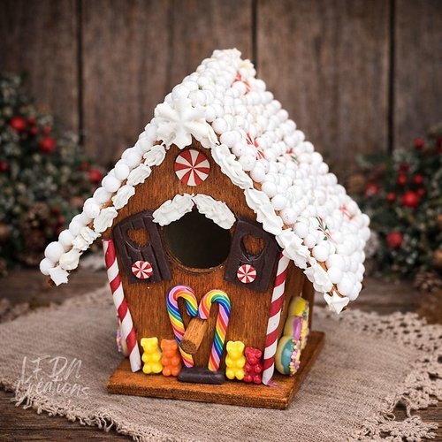 Décoration de noël chalet en bois, maison pain d'épices en fimo, idée cadeau fait main