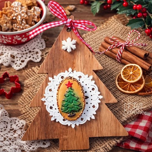 Décoration de sapin à suspendre en bois, sapin en fimo, déco de noël en fimo, idée cadeau fait main