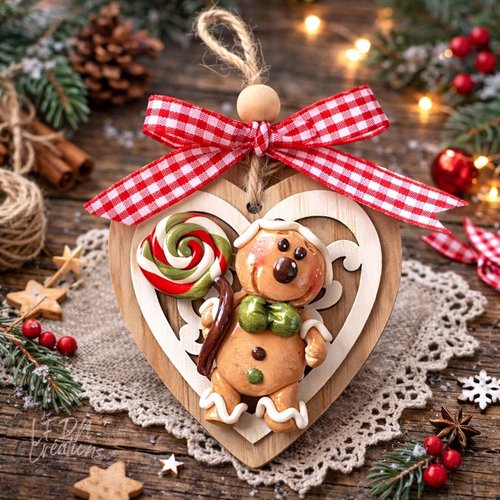 Coeur en bois à suspendre bonhomme pain d'épices, gingerbread en fimo, décoration de noël en fimo