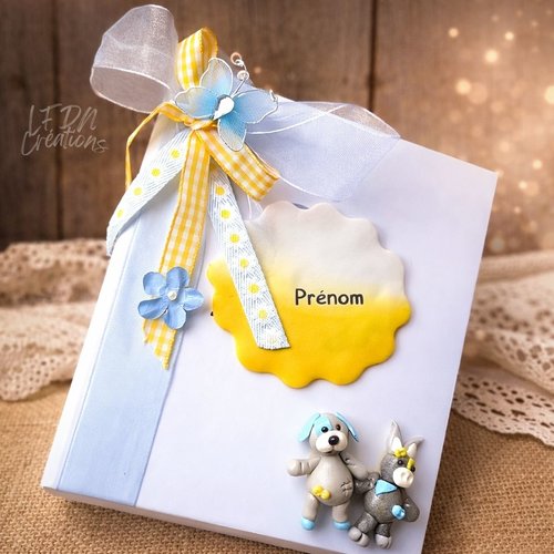 Album photo 11x15 décor animaux en fimo, livre photo bébé personnalisable, album bébé prénom personnalisable